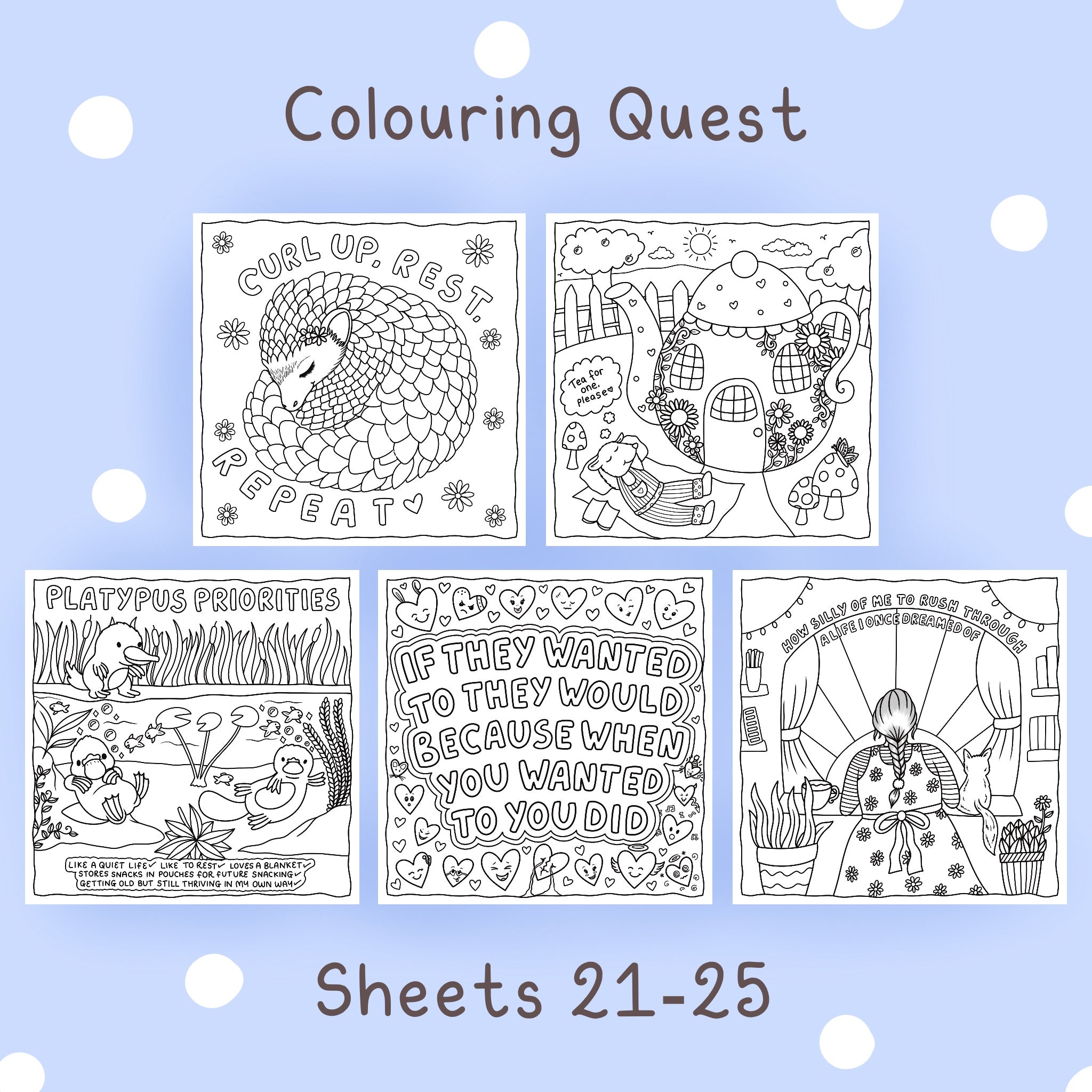 Colouring Quest Sheets #21-25 – calmoverchaosltd